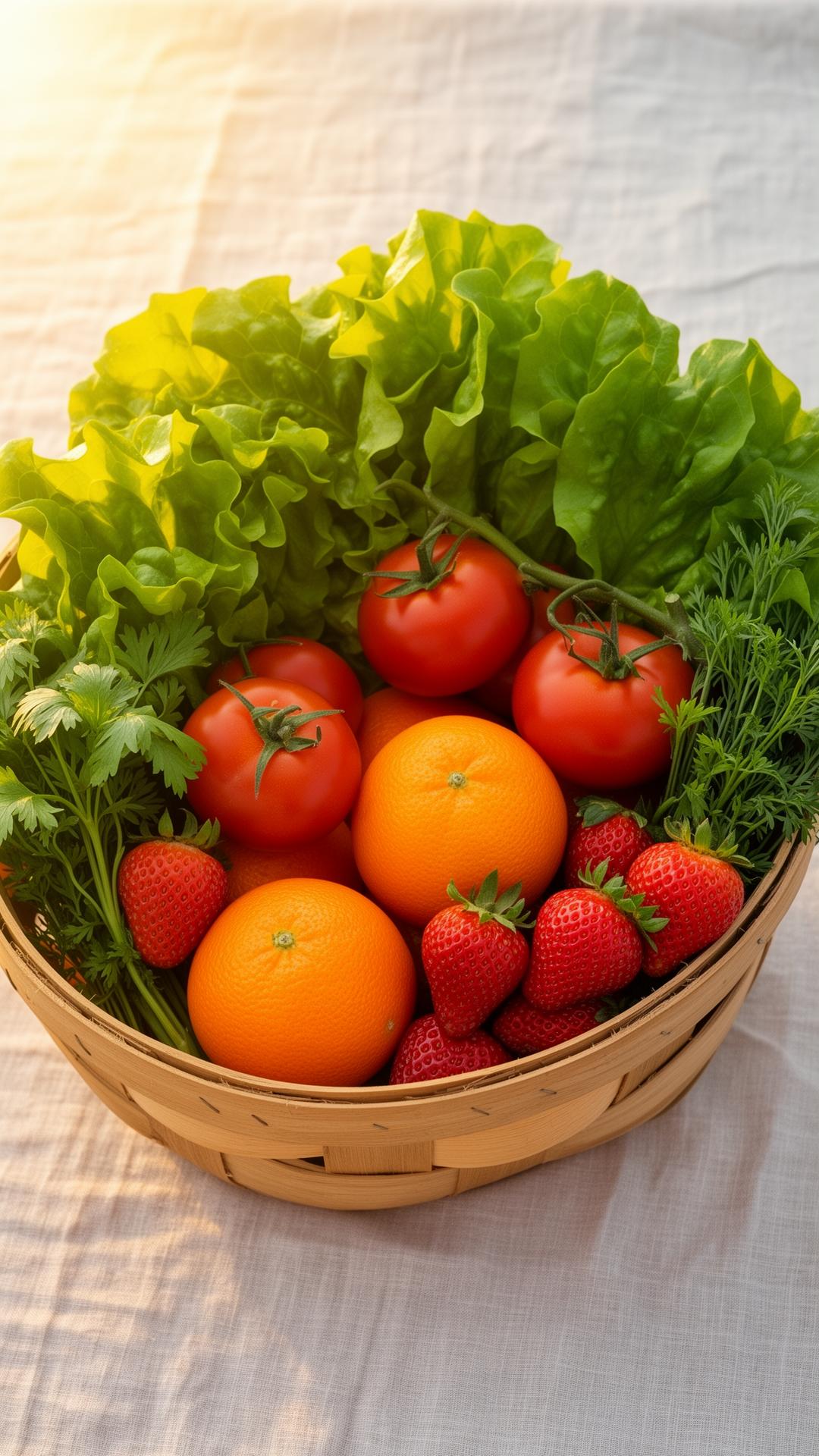 Fresh organic produce in a wooden basket