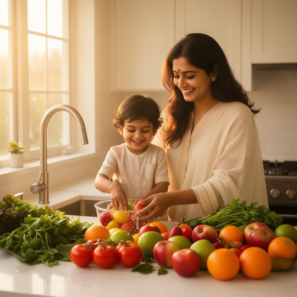 An Indian mother and child joyfully preparing fresh produce together in a sunlit kitchen